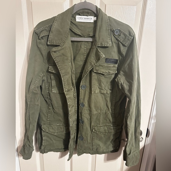 Gypsy Warrior Utility Jacket w Heart & Daggers Detail, Military Green, Size L - Picture 2 of 7